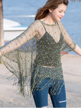 Crochet Knit Sleeved Top with Fringe